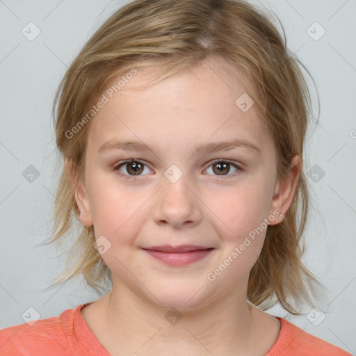 Joyful white child female with medium  brown hair and brown eyes