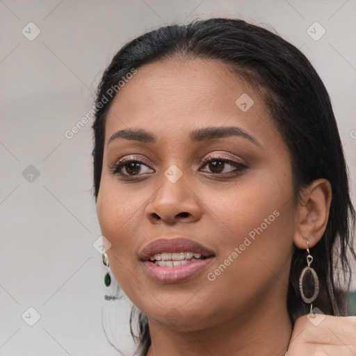 Joyful latino young-adult female with medium  black hair and brown eyes