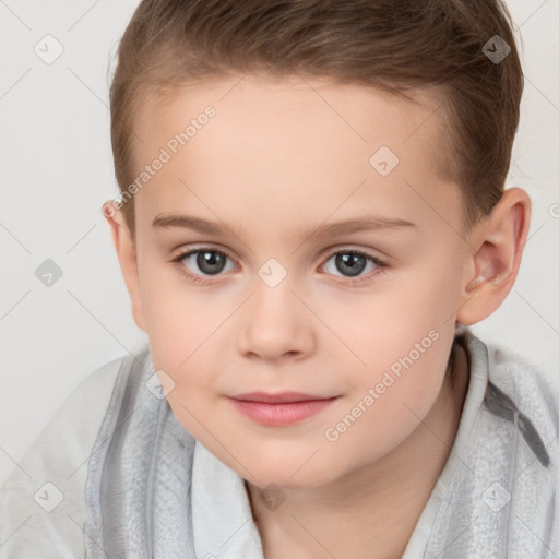 Joyful white child female with short  brown hair and brown eyes