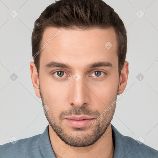 Neutral white young-adult male with short  brown hair and brown eyes