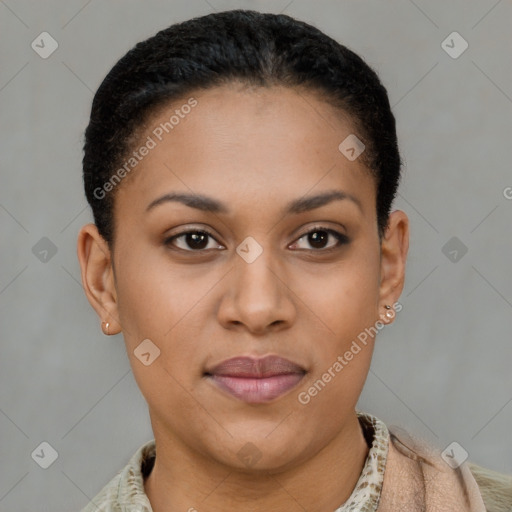 Joyful black young-adult female with short  brown hair and brown eyes