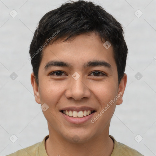 Joyful white young-adult male with short  black hair and brown eyes