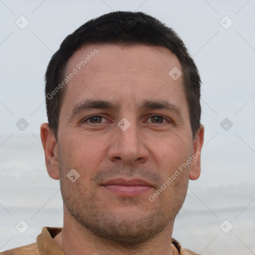 Neutral white adult male with short  brown hair and brown eyes