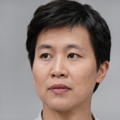 Neutral asian young-adult male with short  brown hair and brown eyes