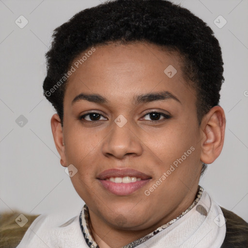 Joyful latino young-adult female with short  brown hair and brown eyes