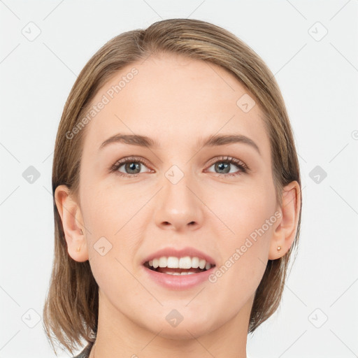 Joyful white young-adult female with medium  brown hair and grey eyes