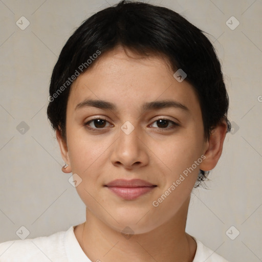 Joyful white young-adult female with short  brown hair and brown eyes