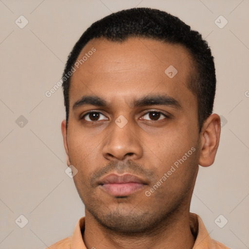 Neutral latino young-adult male with short  black hair and brown eyes