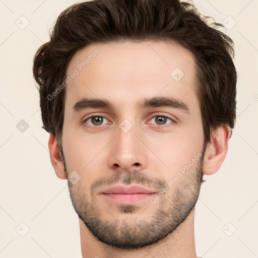 Neutral white young-adult male with short  brown hair and brown eyes