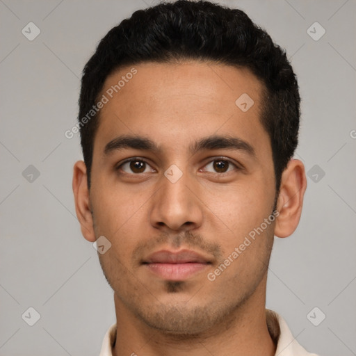 Neutral latino young-adult male with short  black hair and brown eyes