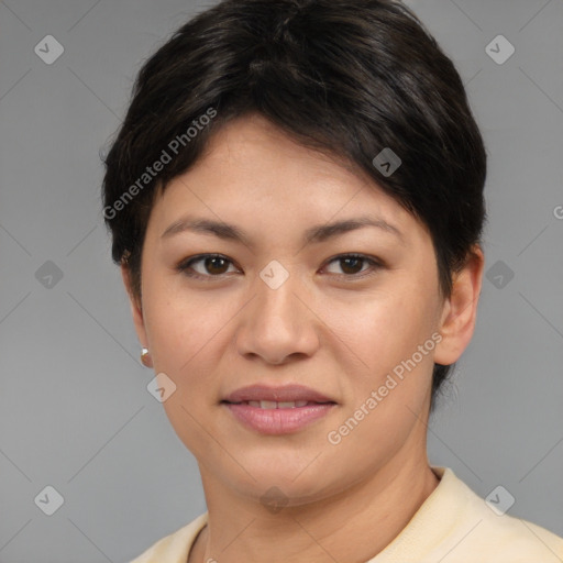 Joyful asian young-adult female with short  brown hair and brown eyes