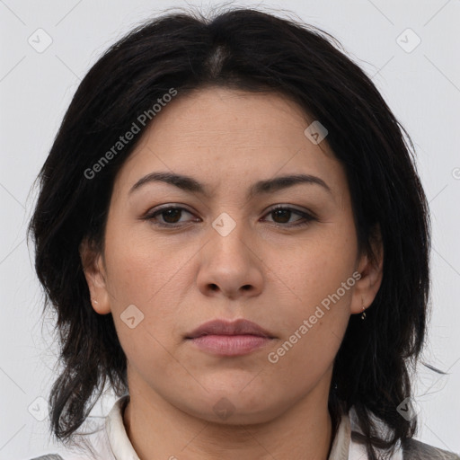 Neutral white young-adult female with medium  brown hair and brown eyes