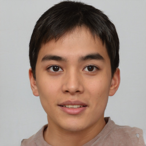 Neutral asian young-adult male with short  brown hair and brown eyes