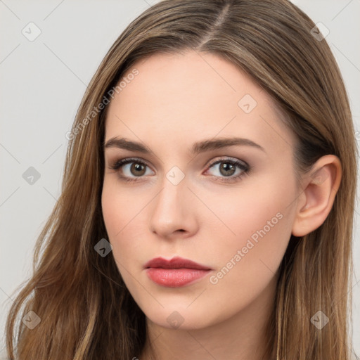 Neutral white young-adult female with long  brown hair and brown eyes