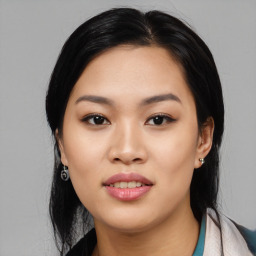 Joyful asian young-adult female with medium  black hair and brown eyes