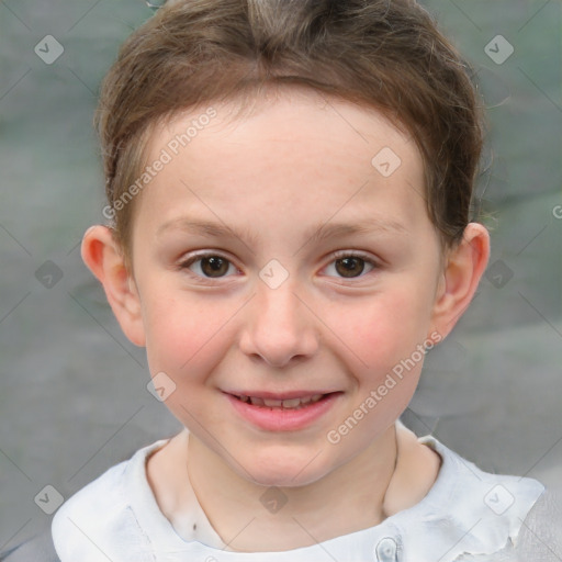 Joyful white child female with short  brown hair and brown eyes