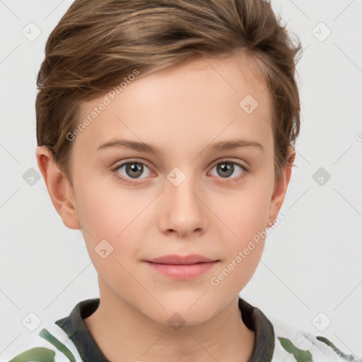 Joyful white child female with short  brown hair and brown eyes