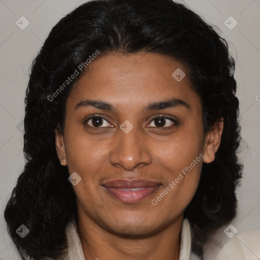 Joyful black young-adult female with medium  brown hair and brown eyes