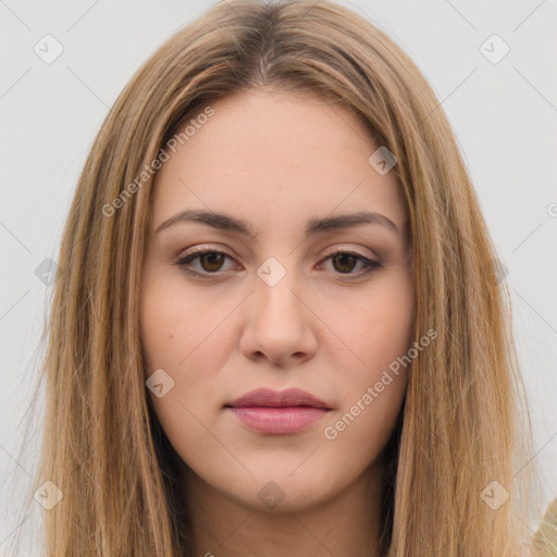 Neutral white young-adult female with long  brown hair and brown eyes