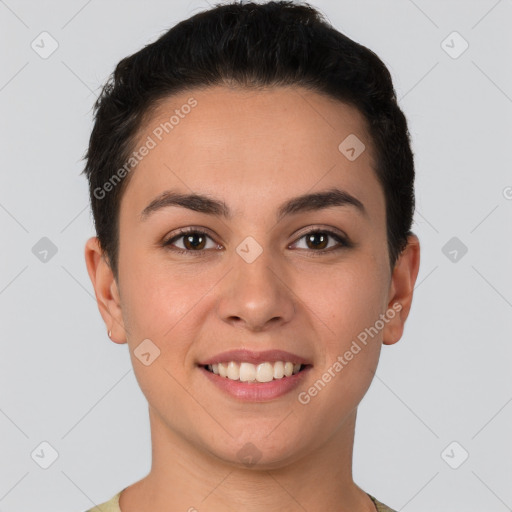 Joyful white young-adult female with short  brown hair and brown eyes