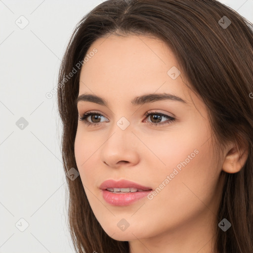 Neutral white young-adult female with long  brown hair and brown eyes