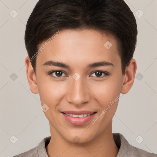 Joyful white young-adult female with short  brown hair and brown eyes