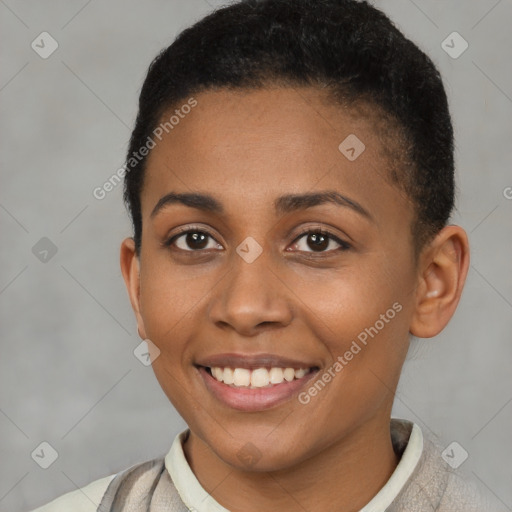 Joyful black young-adult female with short  brown hair and brown eyes