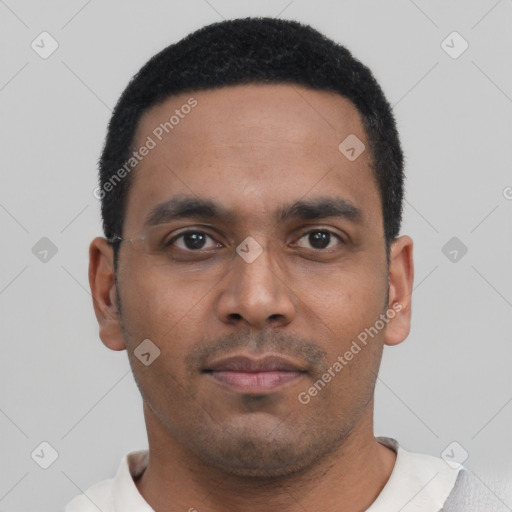 Neutral black young-adult male with short  black hair and brown eyes