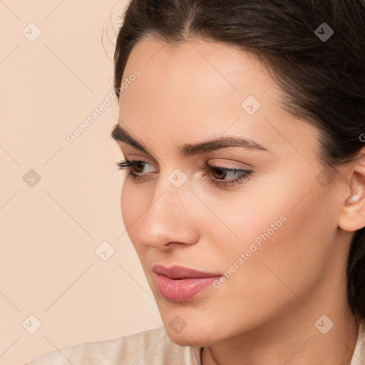 Neutral white young-adult female with medium  brown hair and brown eyes