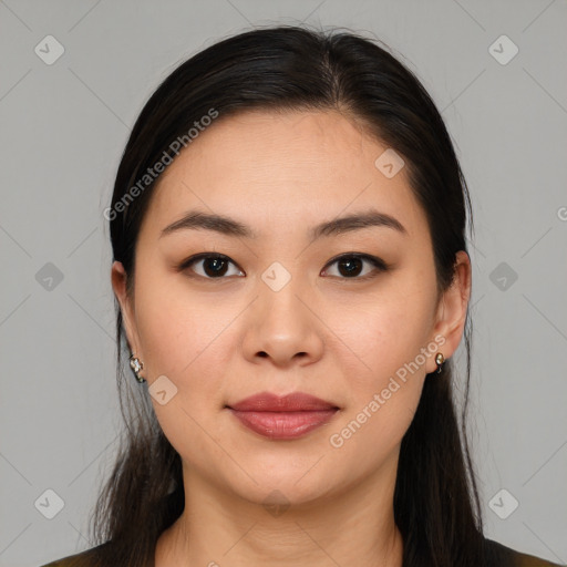 Joyful white young-adult female with medium  brown hair and brown eyes