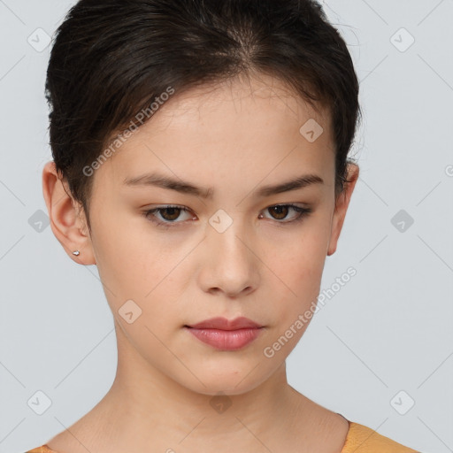 Neutral white young-adult female with short  brown hair and brown eyes