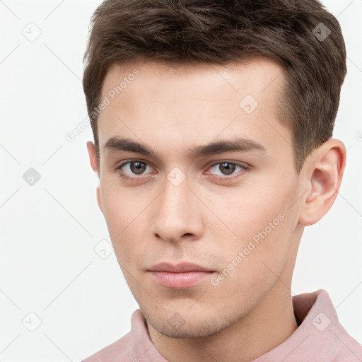 Neutral white young-adult male with short  brown hair and brown eyes