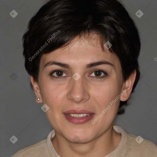 Joyful white young-adult female with short  brown hair and brown eyes