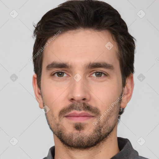 Neutral white young-adult male with short  brown hair and brown eyes