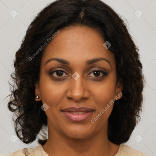 Joyful black young-adult female with medium  brown hair and brown eyes