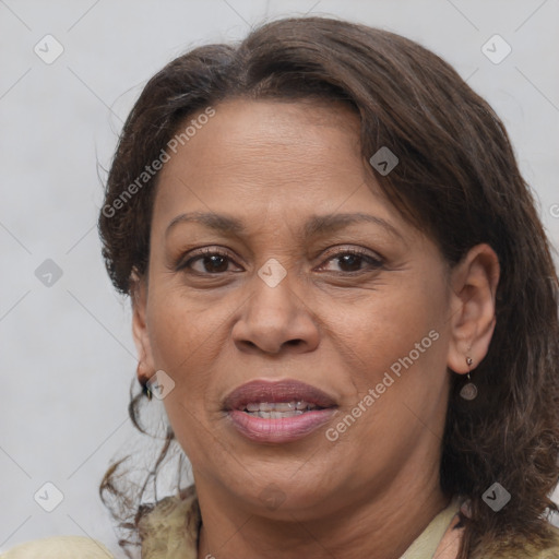 Joyful white adult female with medium  brown hair and brown eyes