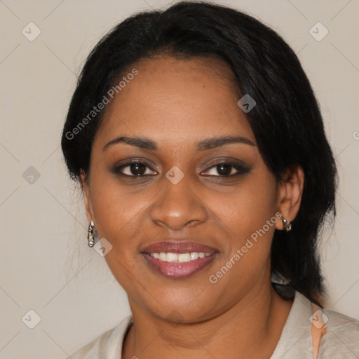 Joyful black young-adult female with medium  black hair and brown eyes