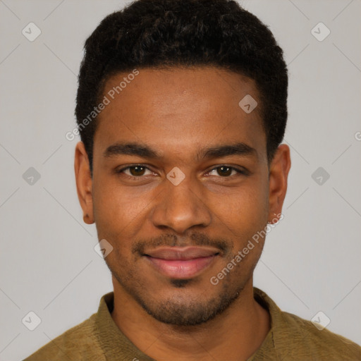 Joyful black young-adult male with short  black hair and brown eyes