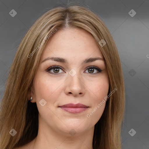 Joyful white young-adult female with long  brown hair and brown eyes