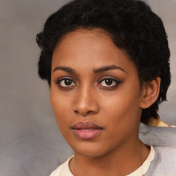 Neutral black young-adult female with short  black hair and brown eyes