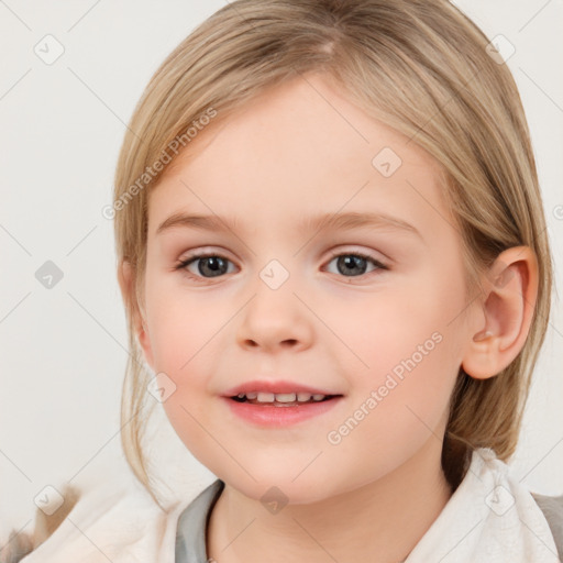 Joyful white child female with medium  brown hair and brown eyes