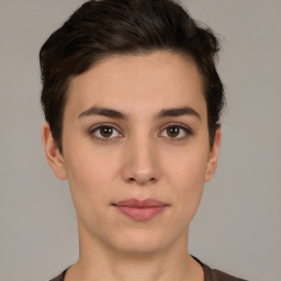 Neutral white young-adult female with short  brown hair and brown eyes