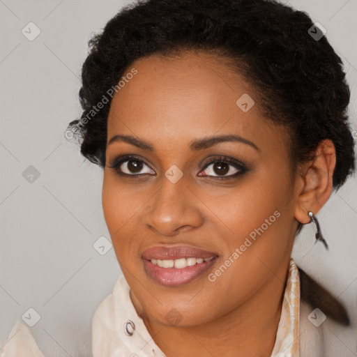 Joyful black young-adult female with medium  brown hair and brown eyes