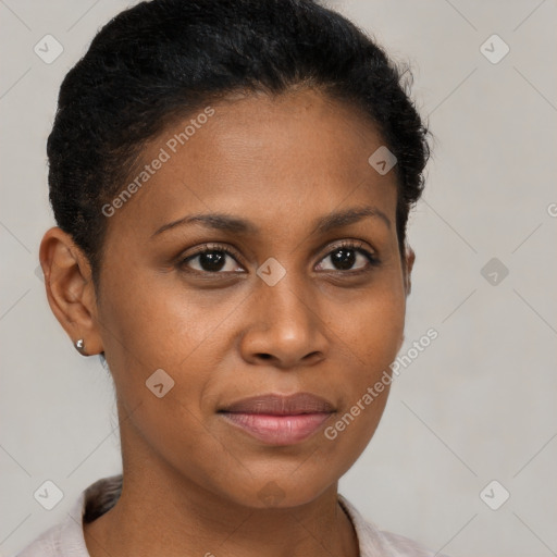 Joyful latino young-adult female with short  brown hair and brown eyes