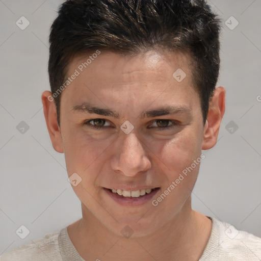 Joyful white adult male with short  brown hair and brown eyes