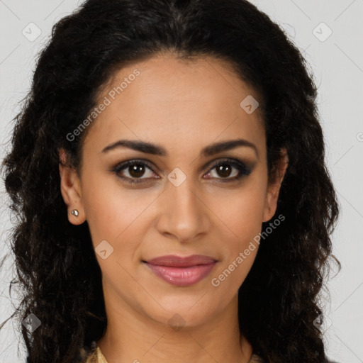 Joyful latino young-adult female with long  brown hair and brown eyes