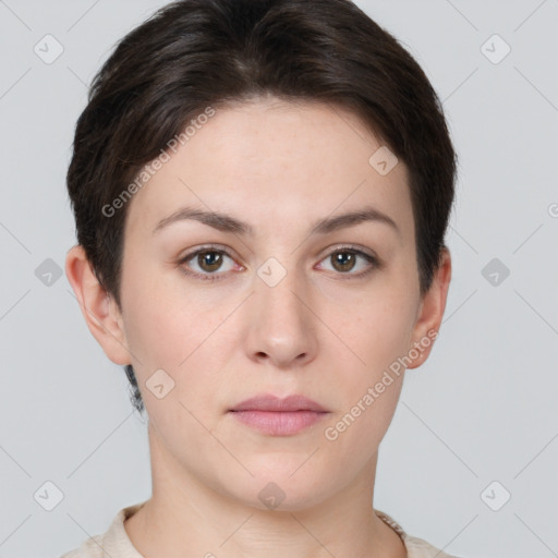 Neutral white young-adult female with short  brown hair and brown eyes