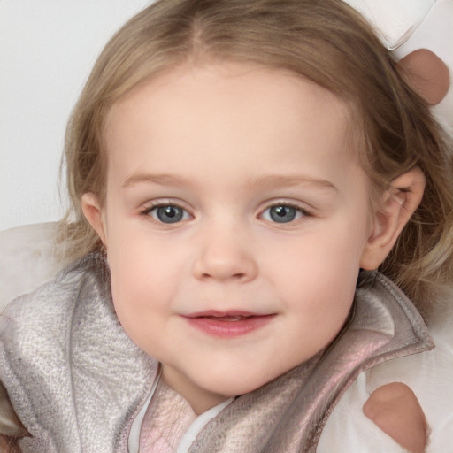 Joyful white child female with medium  brown hair and blue eyes