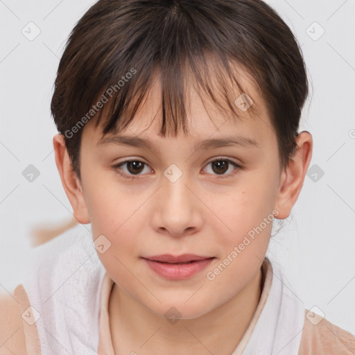 Joyful white child female with short  brown hair and brown eyes