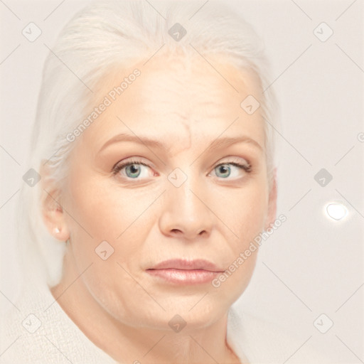 Joyful white adult female with medium  blond hair and blue eyes